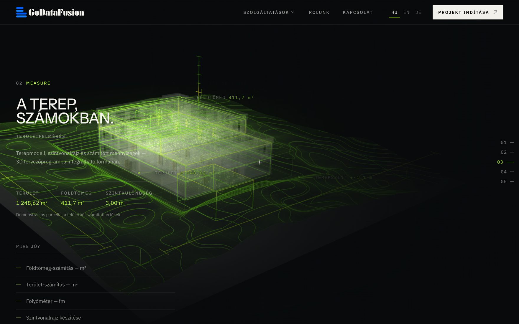 The site survey chapter: the building as a green wireframe, the terrain's contour lines beneath it, with area, earthwork volume and level difference beside it.
