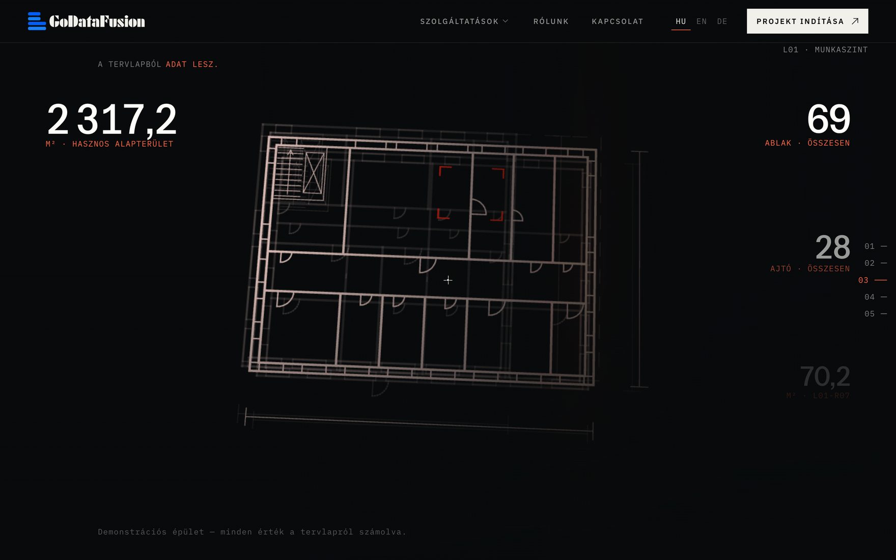 The quantity takeoff chapter: one level's floor plan on a dark background, surrounded by values counted from the drawing — usable floor area, number of windows and doors.