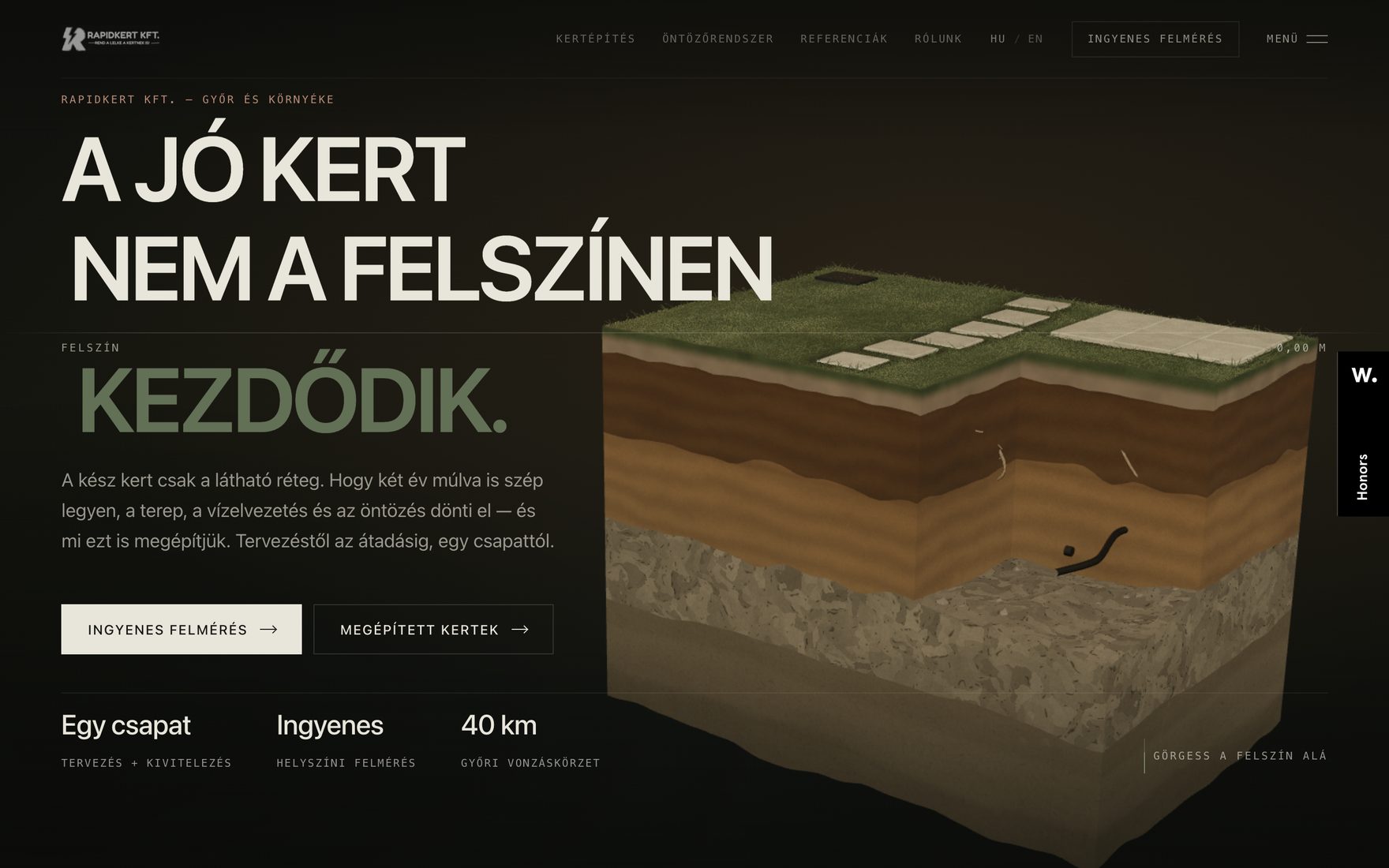 A Rapidkert interaktív 3D kertépítő weboldala a Stratos Webdesigntól: a nyitóképernyőn a kert és az alatta lévő talaj térbeli keresztmetszete.